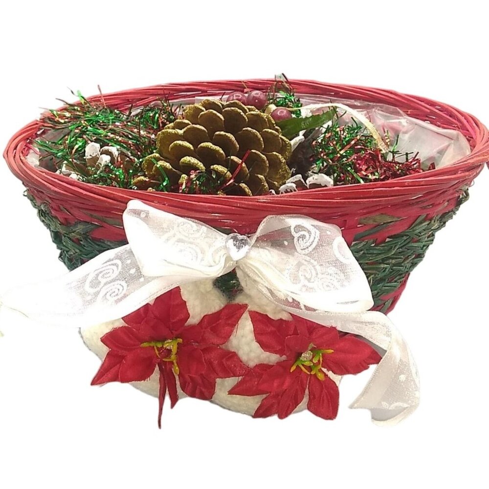 Vintage Red and Green Basket of Pine Cones, Christmas Holiday Decoration